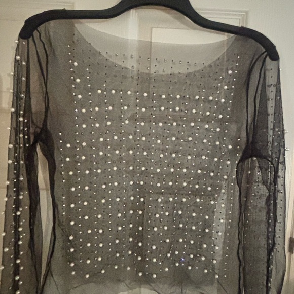 Tops - Sheer Black Embellished Long-Sleeve Top